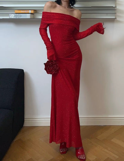 Stunning Brown Off Shoulder Long Sleeve Glitter Bodycon Long Prom Dress AD1495