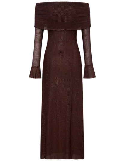 Stunning Brown Off Shoulder Long Sleeve Glitter Bodycon Long Prom Dress AD1495