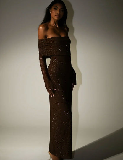 Stunning Brown Off Shoulder Long Sleeve Glitter Bodycon Long Prom Dress AD1495