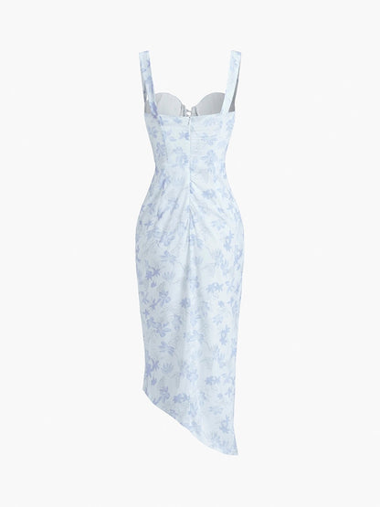 Chic Light Blue Sweetheart Straps Floral Print Corset Ruched High Slit Bodycon Long Prom Dress AD1497