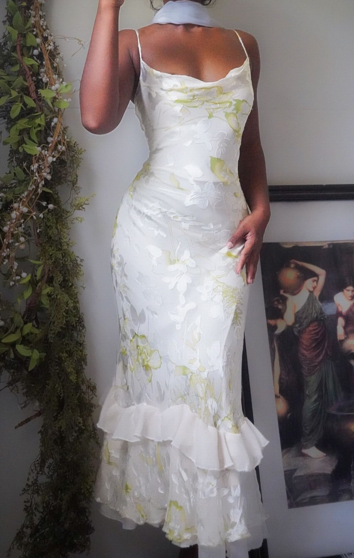 Romantic Ivory Green Floral Spaghetti Straps Mermaid Long Prom Dress AD1498