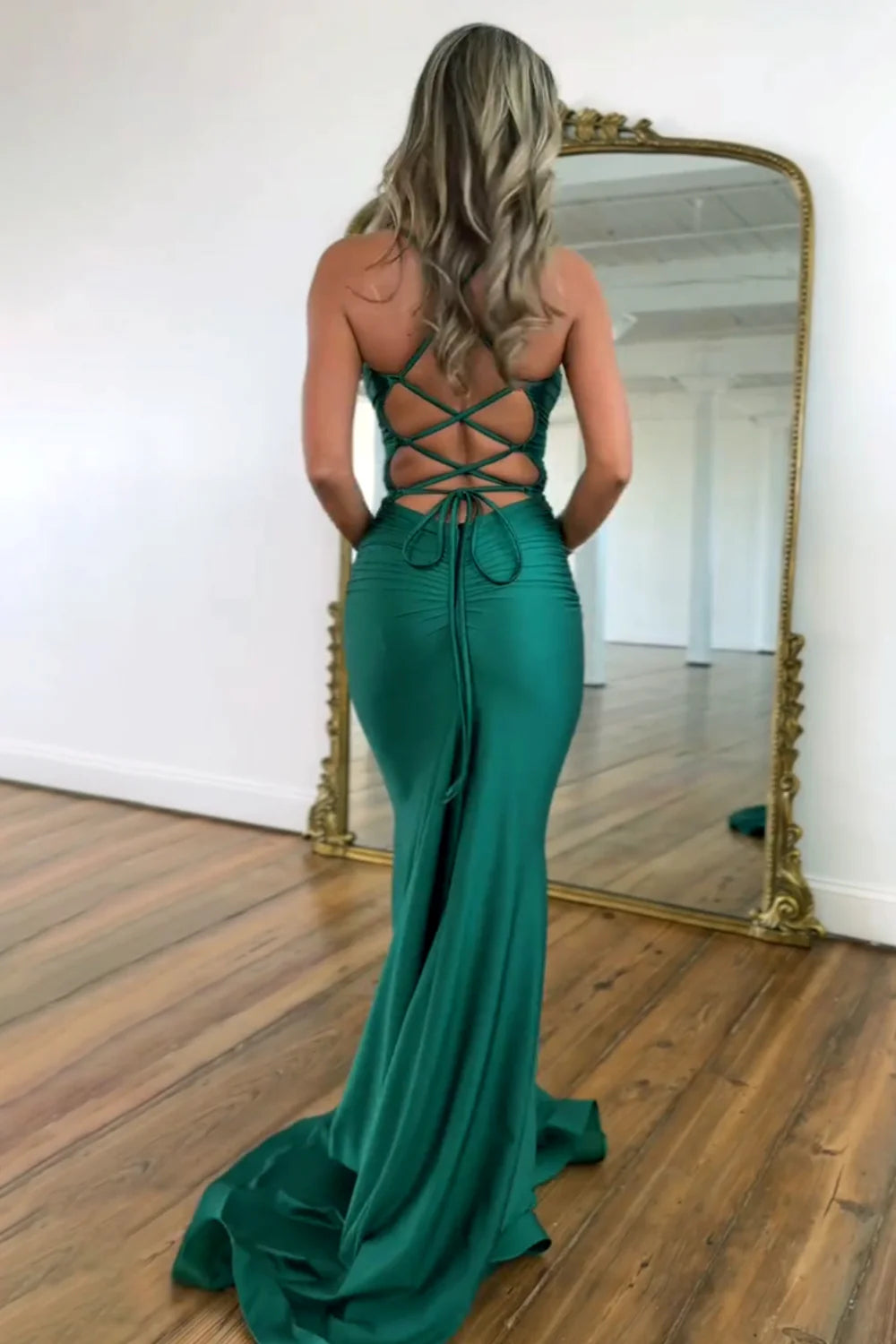 Stylish Mermaid Spaghetti Straps Green Long Satin Prom Dress With Lace Up AD150