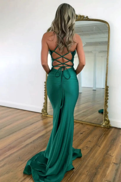 Stylish Mermaid Spaghetti Straps Green Long Satin Prom Dress With Lace Up AD150