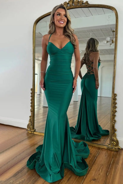 Stylish Mermaid Spaghetti Straps Green Long Satin Prom Dress With Lace Up AD150