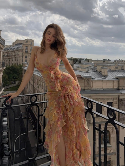 Dreamy Yellow Pink Floral Spaghetti Straps Deep V Bow Ruffled High Slit Mermaid Long Prom Dress AD1502