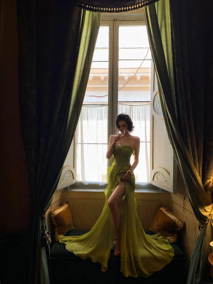 Chic Lime Green Strapless Sweetheart Corset Ruffled High Slit A Line Long Prom Dress AD1503