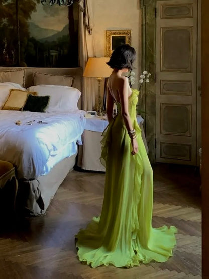 Chic Lime Green Strapless Sweetheart Corset Ruffled High Slit A Line Long Prom Dress AD1503
