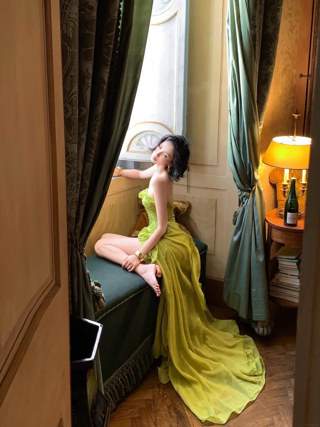 Chic Lime Green Strapless Sweetheart Corset Ruffled High Slit A Line Long Prom Dress AD1503