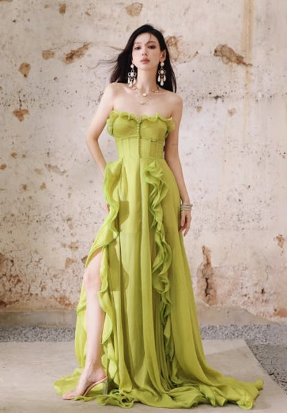 Chic Lime Green Strapless Sweetheart Corset Ruffled High Slit A Line Long Prom Dress AD1503