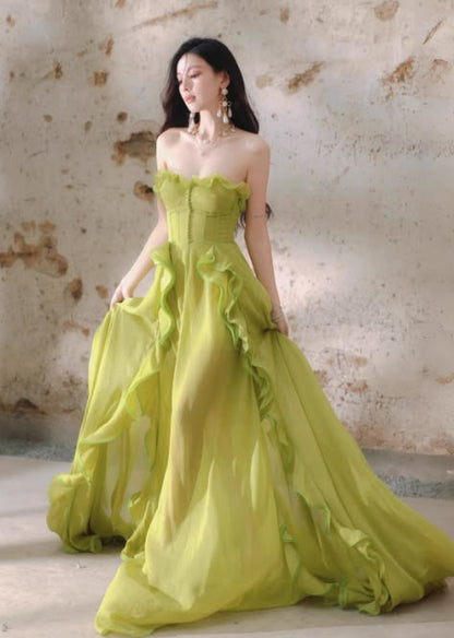 Chic Lime Green Strapless Sweetheart Corset Ruffled High Slit A Line Long Prom Dress AD1503
