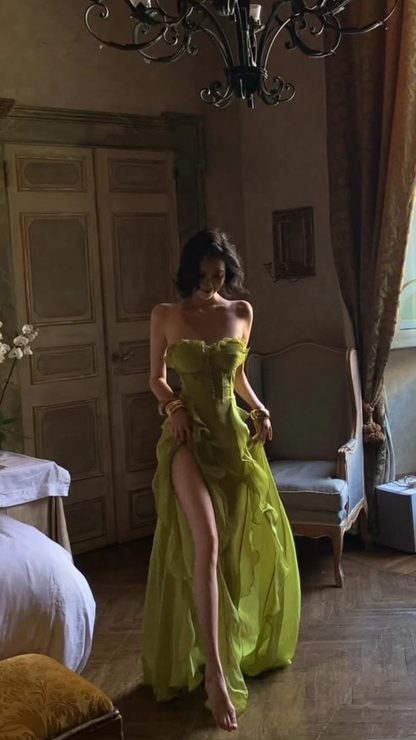 Chic Lime Green Strapless Sweetheart Corset Ruffled High Slit A Line Long Prom Dress AD1503