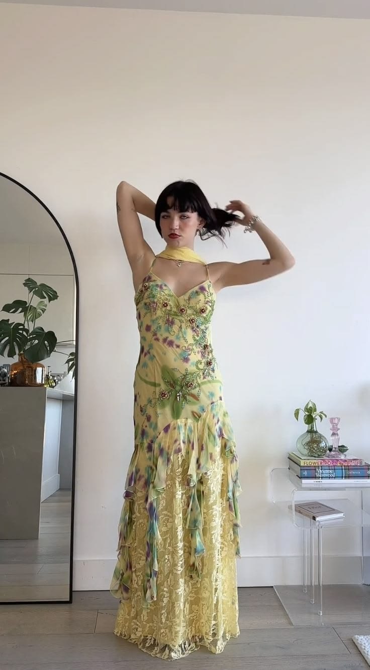 Chic Yellow Floral Spaghetti Straps V-Neck Beaded Ruffled Lace Mermaid Long Prom Dress AD1506