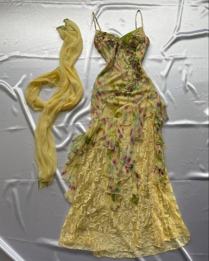 Chic Yellow Floral Spaghetti Straps V-Neck Beaded Ruffled Lace Mermaid Long Prom Dress AD1506