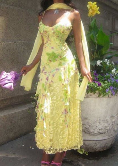 Chic Yellow Floral Spaghetti Straps V-Neck Beaded Ruffled Lace Mermaid Long Prom Dress AD1506