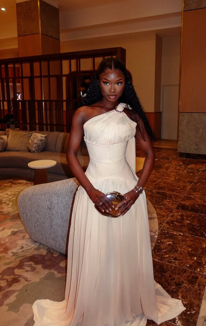 Elegant Ivory One Shoulder A Line Long Prom Dress AD1507