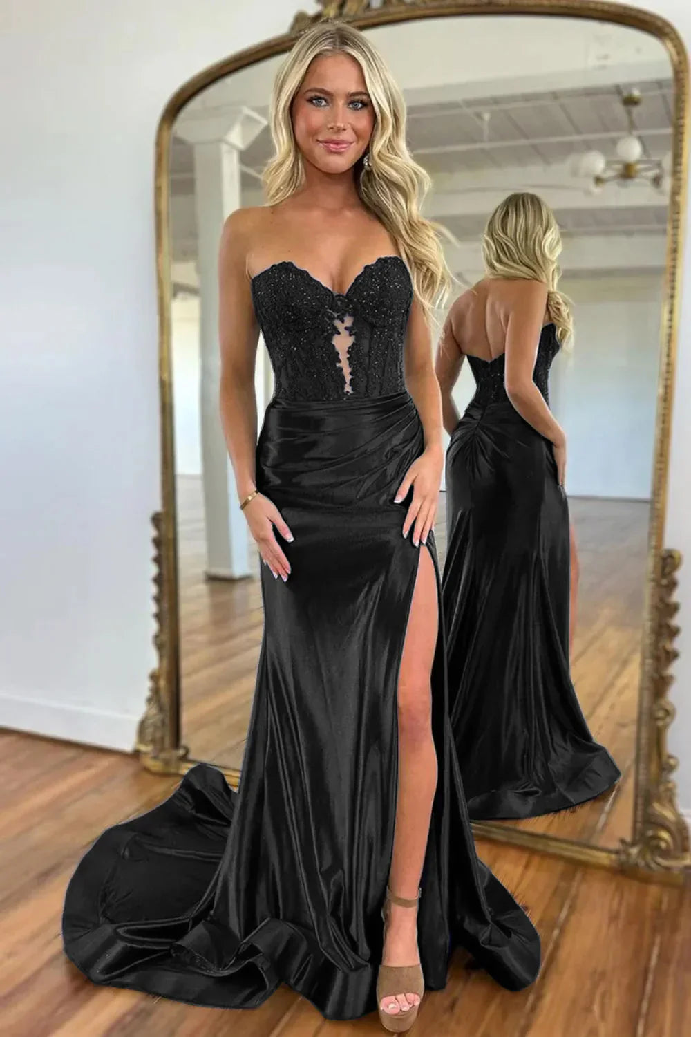 Gorgeous Mermaid Sweetheart Navy Blue Satin Prom Dress With Appliques Split AD151