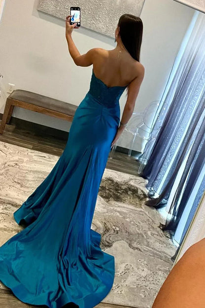 Gorgeous Mermaid Sweetheart Navy Blue Satin Prom Dress With Appliques Split AD151