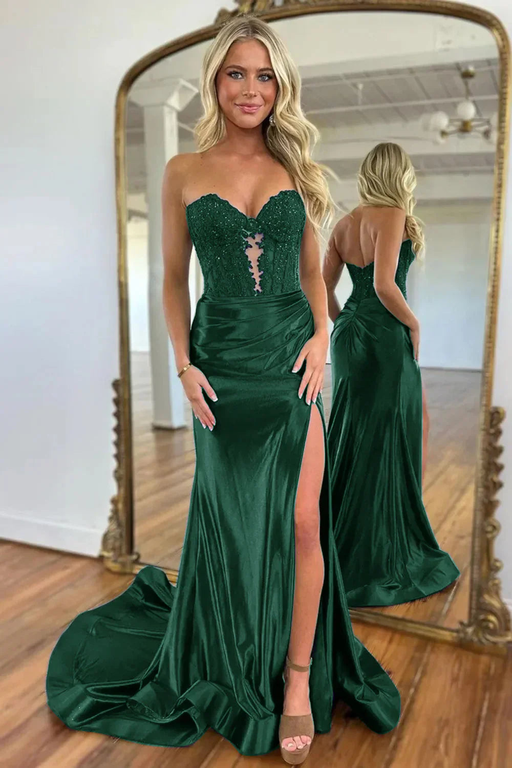Gorgeous Mermaid Sweetheart Navy Blue Satin Prom Dress With Appliques Split AD151