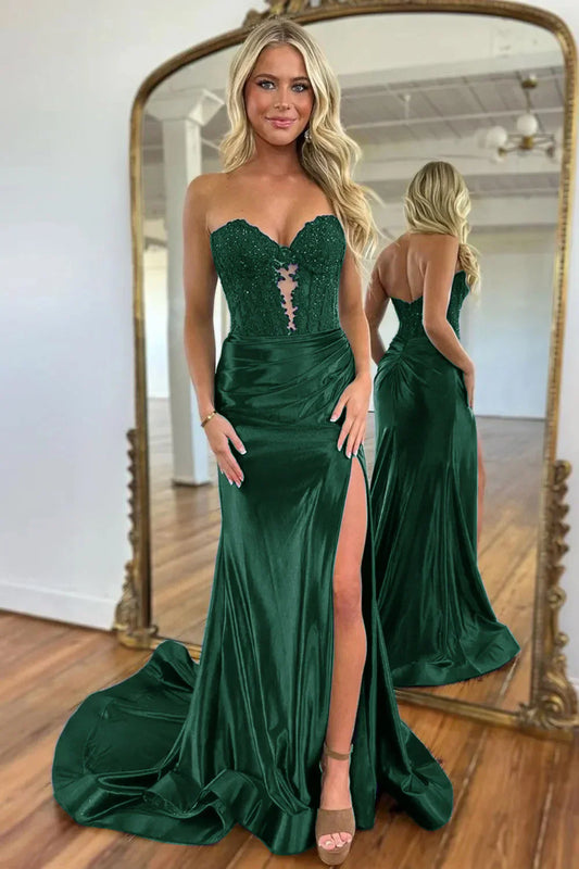 Gorgeous Mermaid Sweetheart Navy Blue Satin Prom Dress With Appliques Split AD151