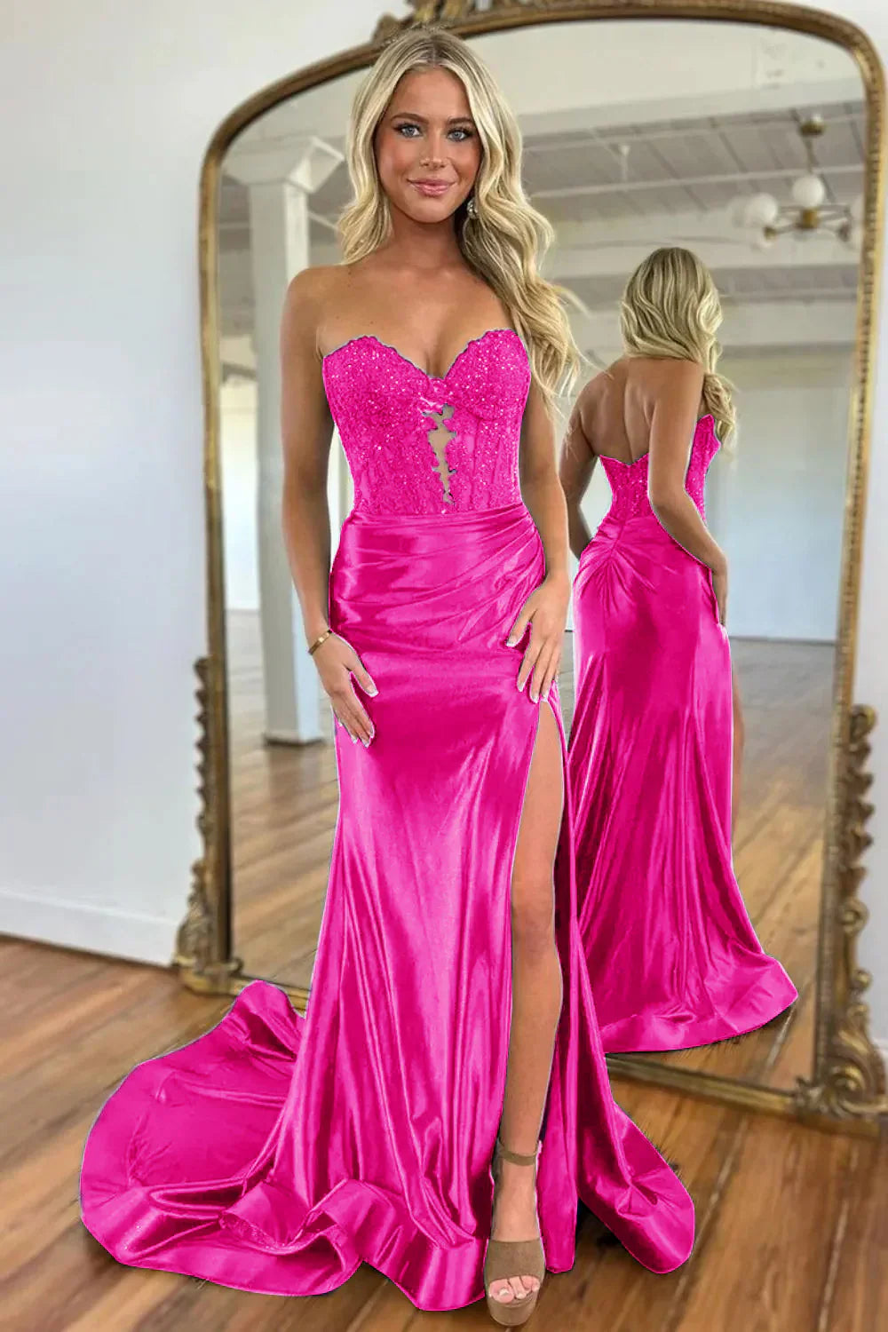 Gorgeous Mermaid Sweetheart Navy Blue Satin Prom Dress With Appliques Split AD151