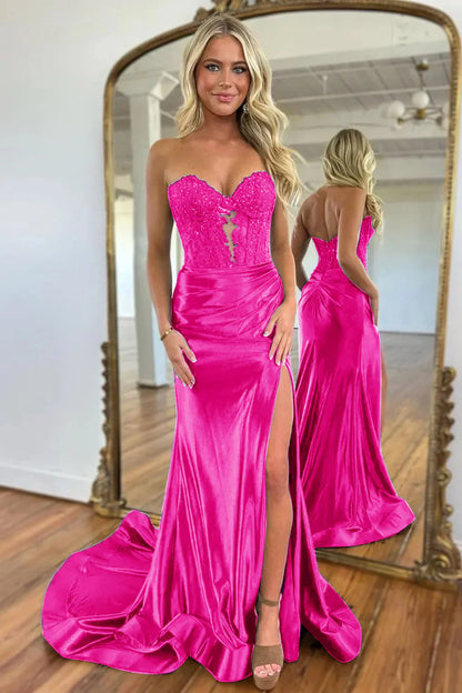 Gorgeous Mermaid Sweetheart Navy Blue Satin Prom Dress With Appliques Split AD151