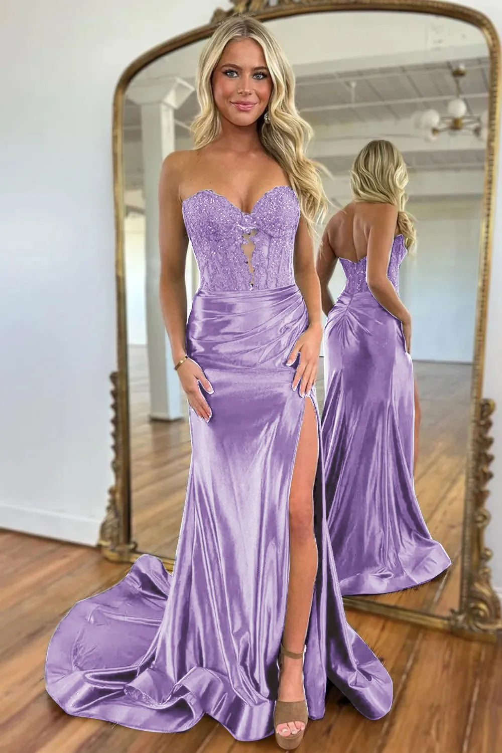 Gorgeous Mermaid Sweetheart Navy Blue Satin Prom Dress With Appliques Split AD151