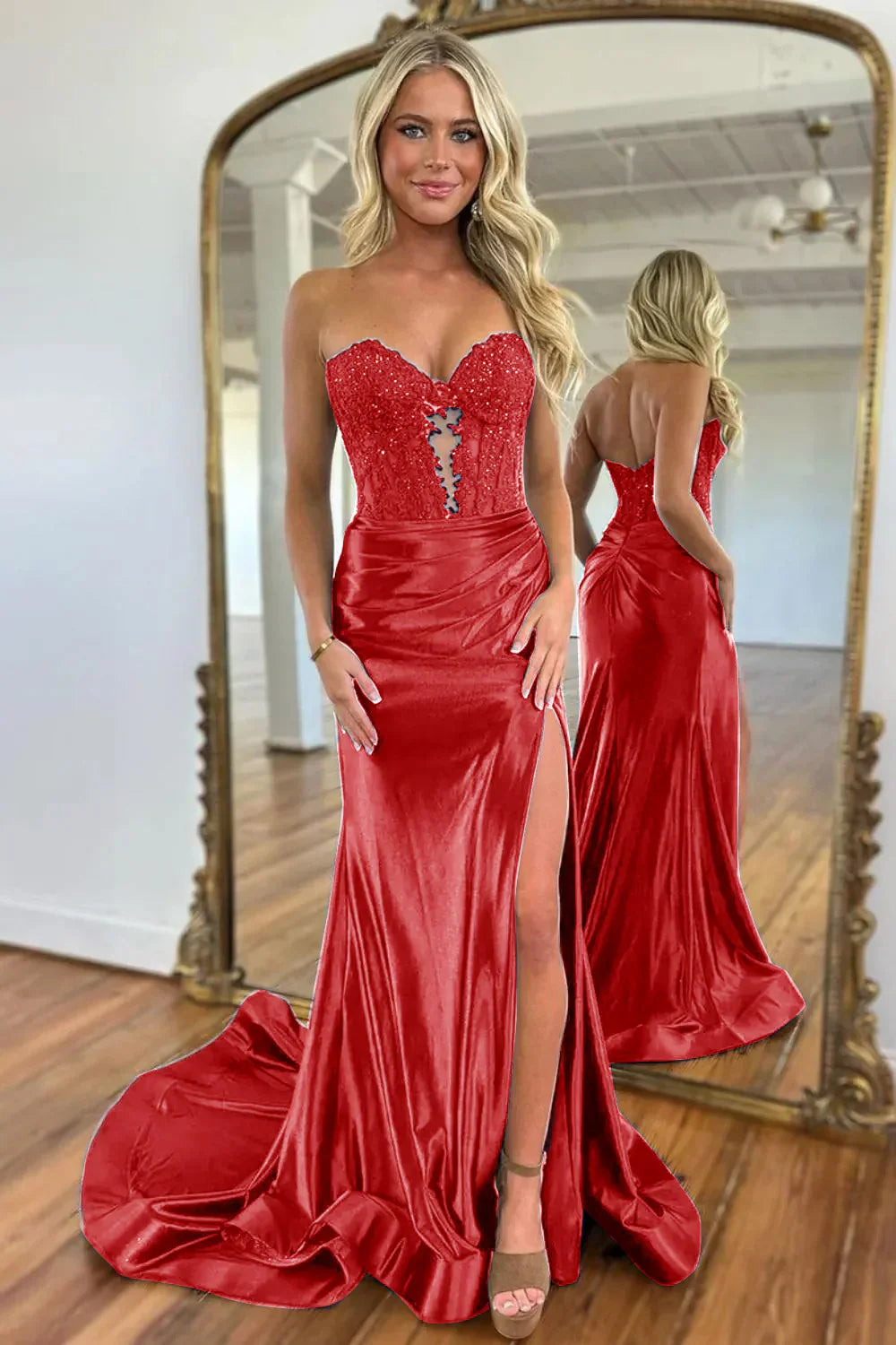 Gorgeous Mermaid Sweetheart Navy Blue Satin Prom Dress With Appliques Split AD151