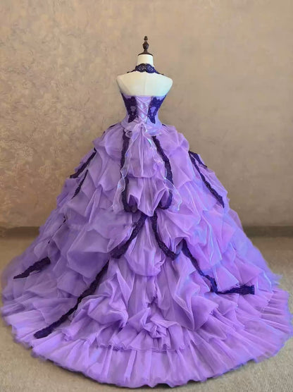 Romantic Lavender Halter Lace Beaded Detail Ruffled Tulle Ball Gown Quinceanera Dress Long Prom Dress AD1510