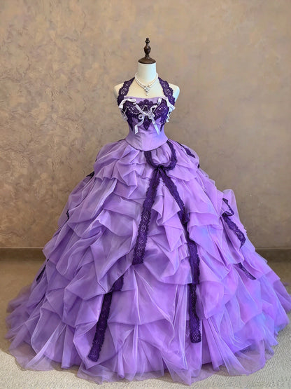 Romantic Lavender Halter Lace Beaded Detail Ruffled Tulle Ball Gown Quinceanera Dress Long Prom Dress AD1510