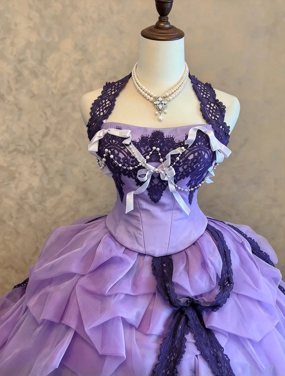 Romantic Lavender Halter Lace Beaded Detail Ruffled Tulle Ball Gown Quinceanera Dress Long Prom Dress AD1510