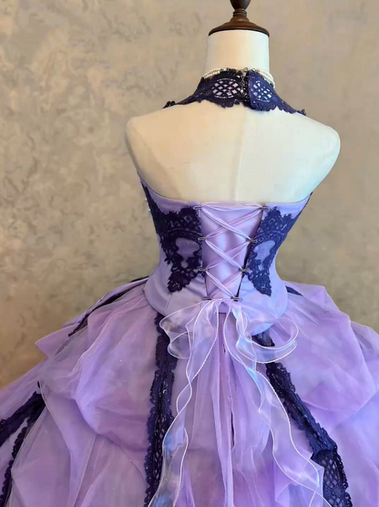Romantic Lavender Halter Lace Beaded Detail Ruffled Tulle Ball Gown Quinceanera Dress Long Prom Dress AD1510