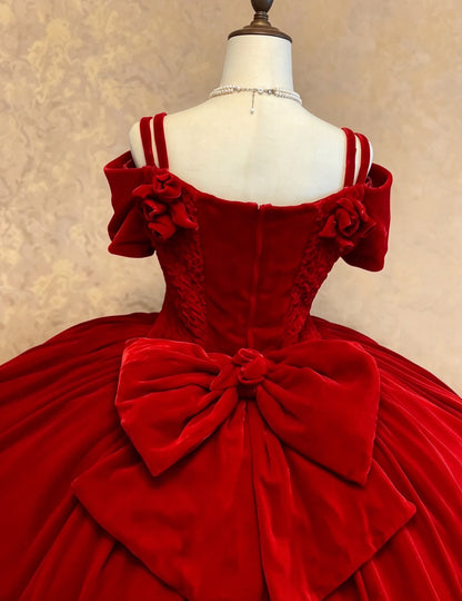 Glam Red Velvet Off Shoulder Straps 3D Rose Bow Ball Gown Quinceanera Dress Long Prom Dress AD1511