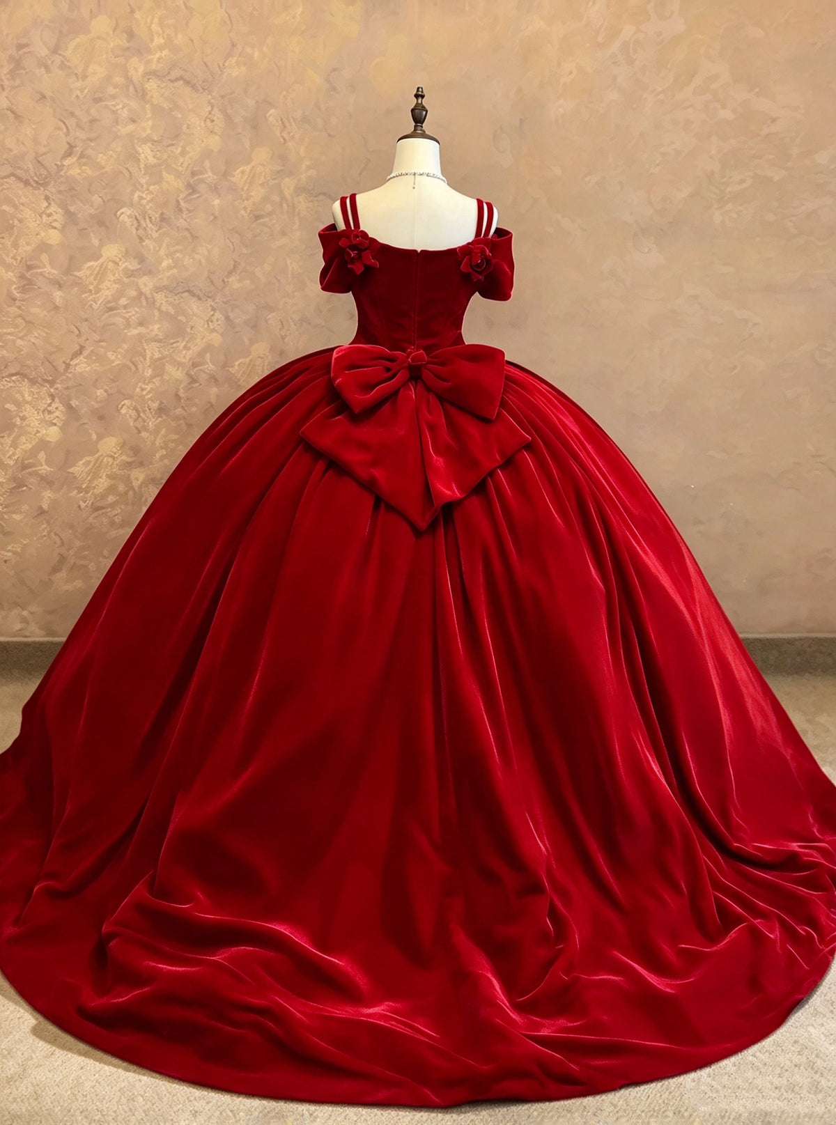 Glam Red Velvet Off Shoulder Straps 3D Rose Bow Ball Gown Quinceanera Dress Long Prom Dress AD1511