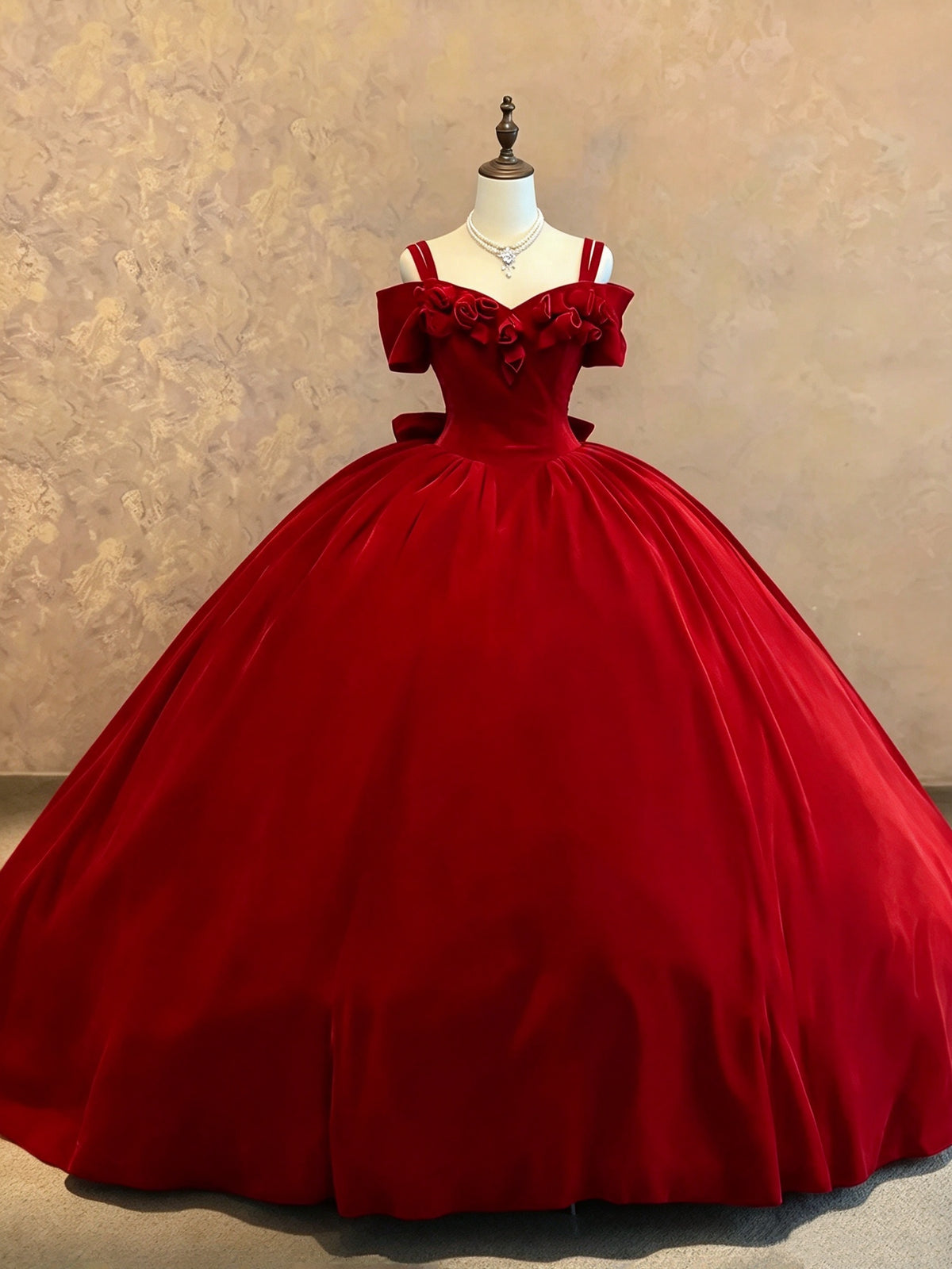 Glam Red Velvet Off Shoulder Straps 3D Rose Bow Ball Gown Quinceanera Dress Long Prom Dress AD1511