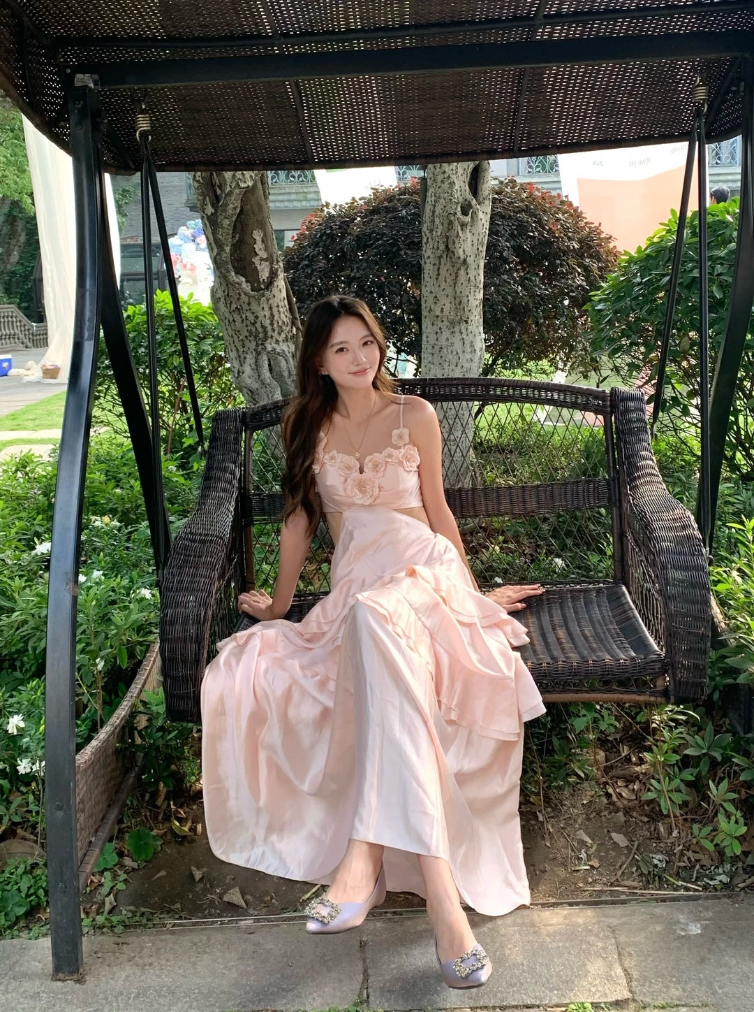 Sweet Pink Spaghetti Straps 3D Floral Cutout Ruffled Satin Sheath Long Prom Dress AD1512