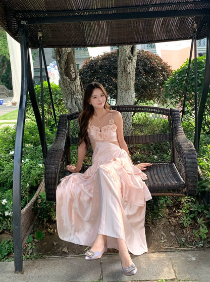 Sweet Pink Spaghetti Straps 3D Floral Cutout Ruffled Satin Sheath Long Prom Dress AD1512