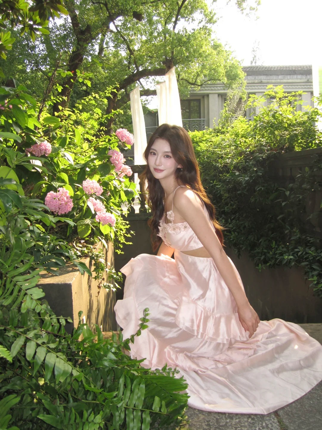 Sweet Pink Spaghetti Straps 3D Floral Cutout Ruffled Satin Sheath Long Prom Dress AD1512