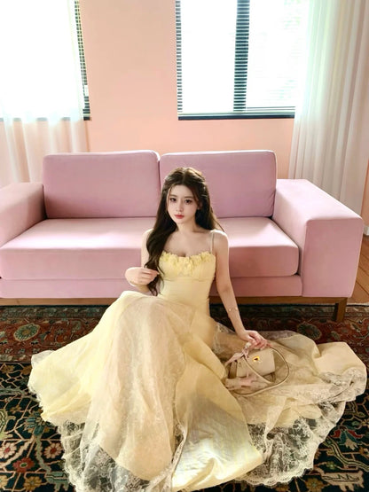 Dreamy Pale Yellow Spaghetti Straps 3D Floral Lace A Line Long Prom Dress AD1513