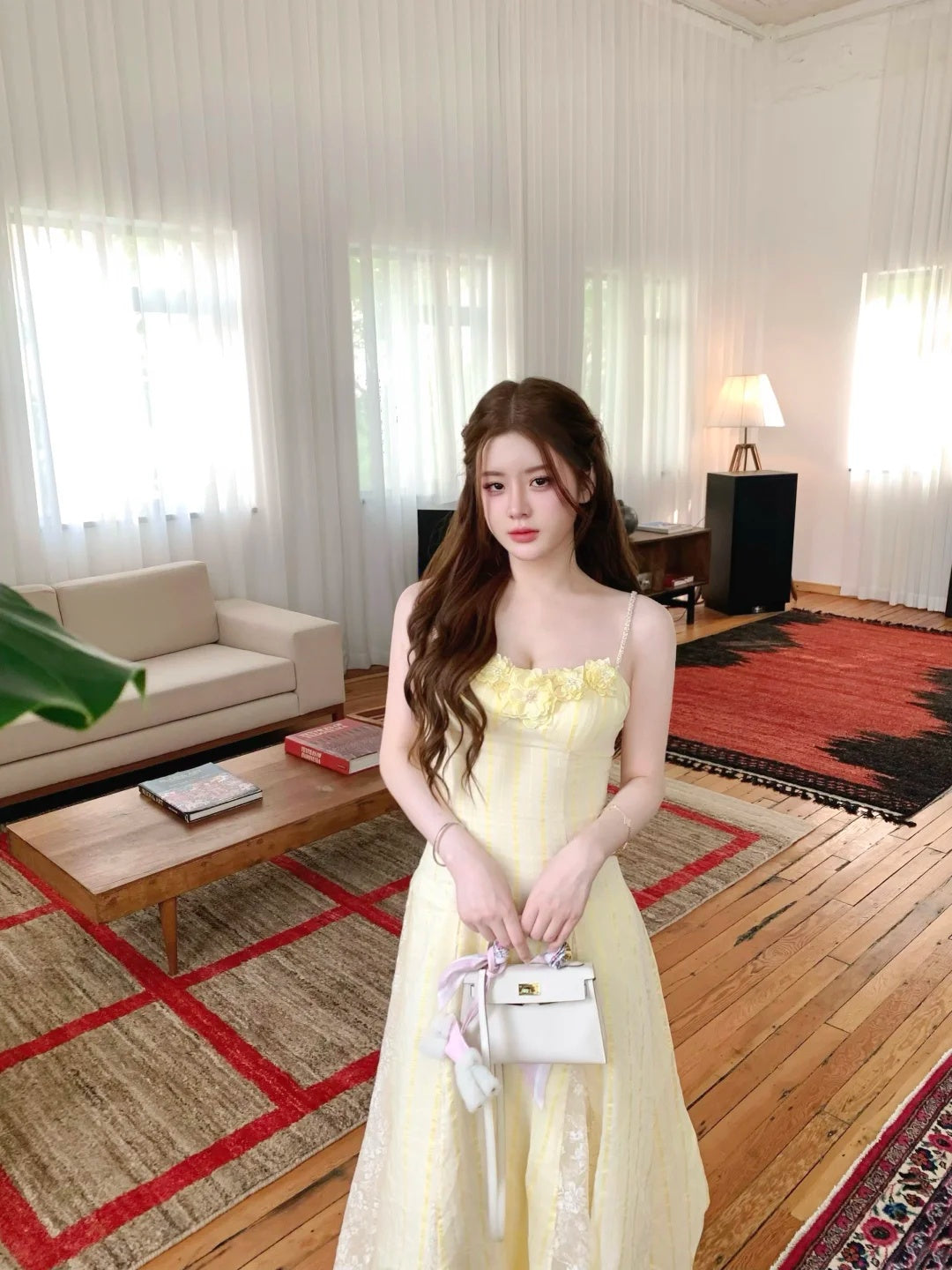 Dreamy Pale Yellow Spaghetti Straps 3D Floral Lace A Line Long Prom Dress AD1513