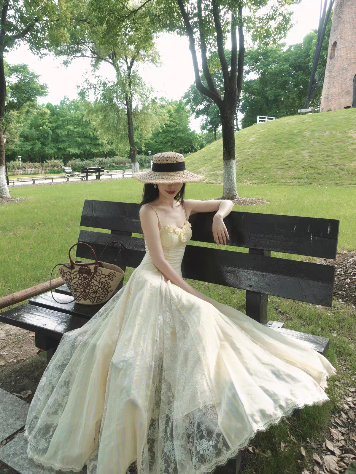 Dreamy Pale Yellow Spaghetti Straps 3D Floral Lace A Line Long Prom Dress AD1513