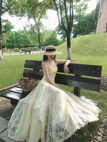 Dreamy Pale Yellow Spaghetti Straps 3D Floral Lace A Line Long Prom Dress AD1513