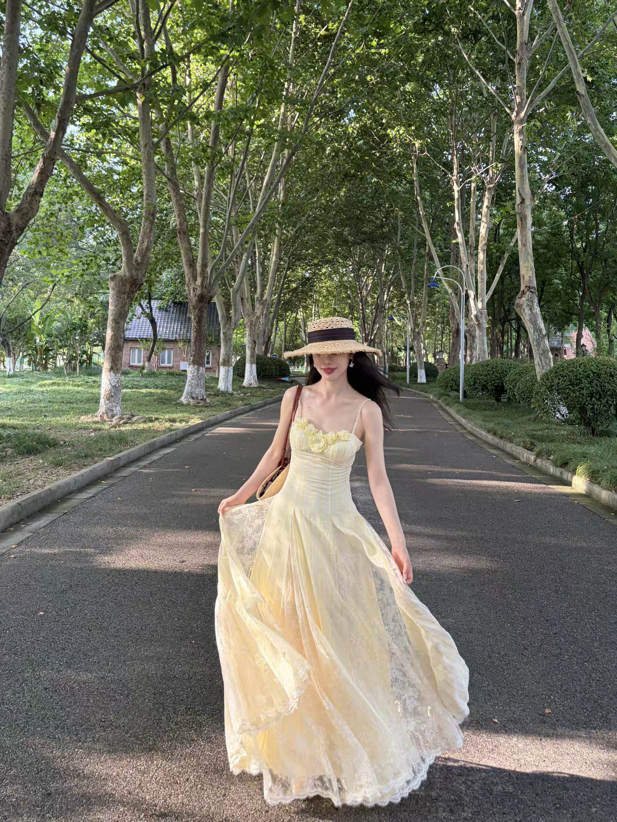 Dreamy Pale Yellow Spaghetti Straps 3D Floral Lace A Line Long Prom Dress AD1513