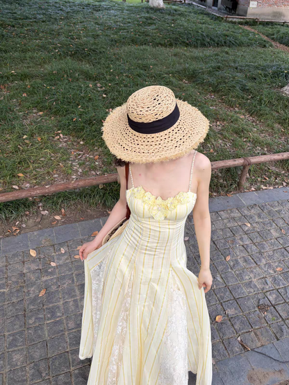 Dreamy Pale Yellow Spaghetti Straps 3D Floral Lace A Line Long Prom Dress AD1513