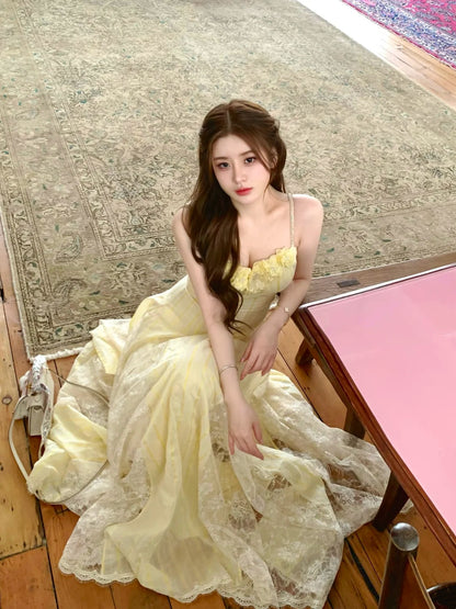 Dreamy Pale Yellow Spaghetti Straps 3D Floral Lace A Line Long Prom Dress AD1513