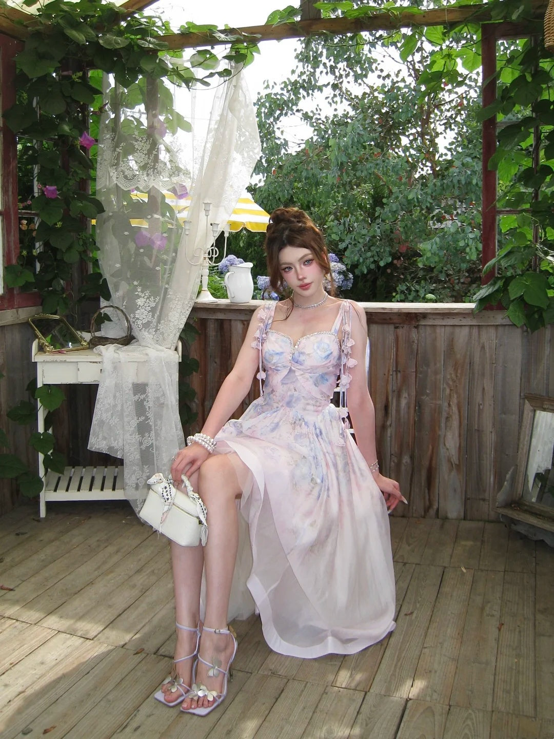 Romantic Pink Blue Floral Print Beaded Sweetheart Straps 3D Floral A Line Long Prom Dress AD1514