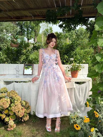 Romantic Pink Blue Floral Print Beaded Sweetheart Straps 3D Floral A Line Long Prom Dress AD1514