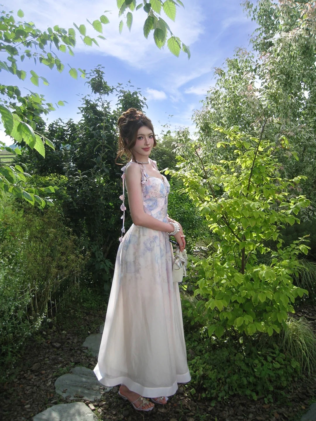 Romantic Pink Blue Floral Print Beaded Sweetheart Straps 3D Floral A Line Long Prom Dress AD1514