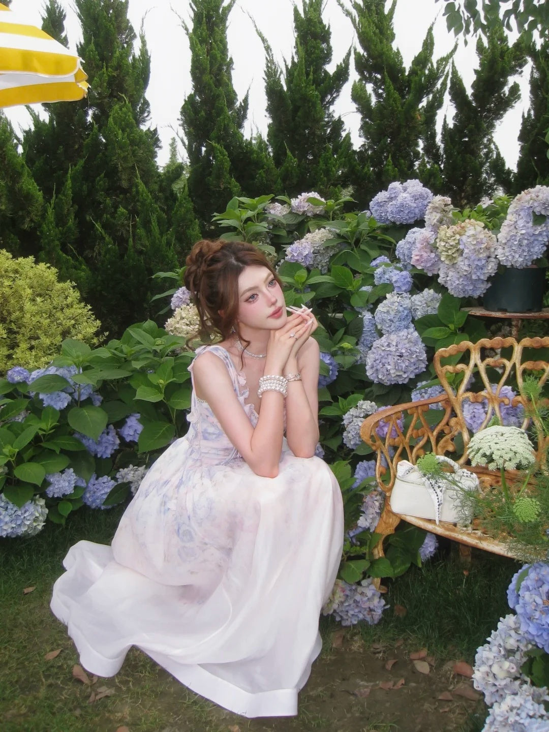Romantic Pink Blue Floral Print Beaded Sweetheart Straps 3D Floral A Line Long Prom Dress AD1514