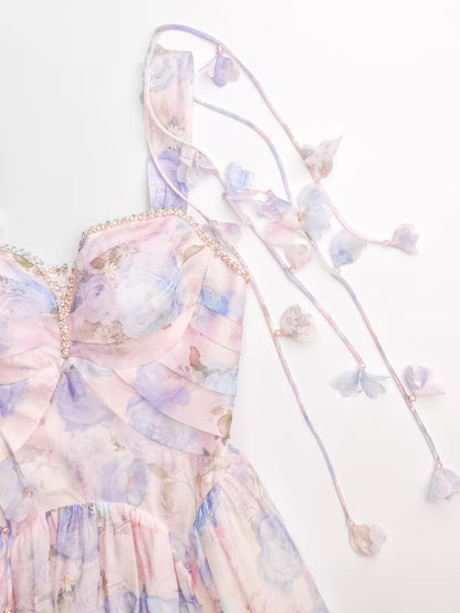 Romantic Pink Blue Floral Print Beaded Sweetheart Straps 3D Floral A Line Long Prom Dress AD1514