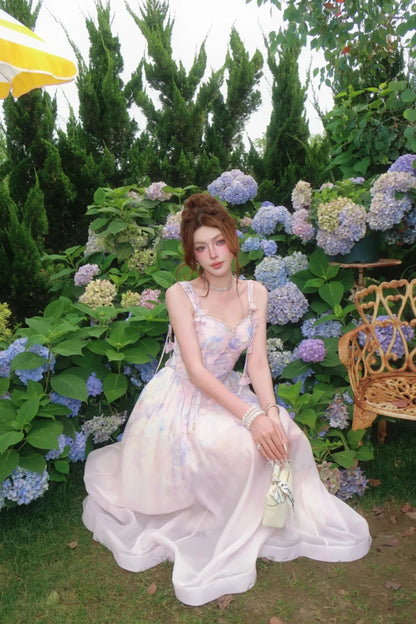 Romantic Pink Blue Floral Print Beaded Sweetheart Straps 3D Floral A Line Long Prom Dress AD1514